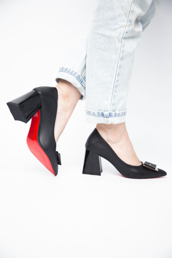 Pantofi Femei cu Toc Gros Piele Ecologică Varf Ascutit design cu pietricele Negru - BS2003D2405417 119