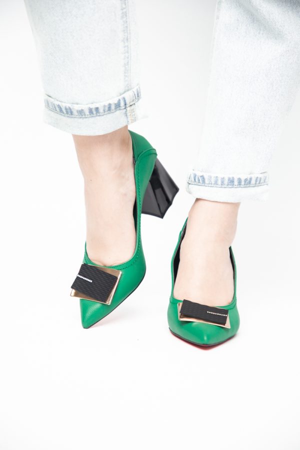 Pantofi Femei cu Toc Gros Piele Ecologică Varf Ascutit design cu pietricele Verde - BS2003D2405416 123