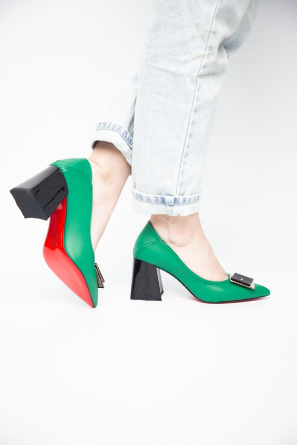 Pantofi Femei cu Toc Gros Piele Ecologică Varf Ascutit design cu pietricele Verde - BS2003D2405416 119