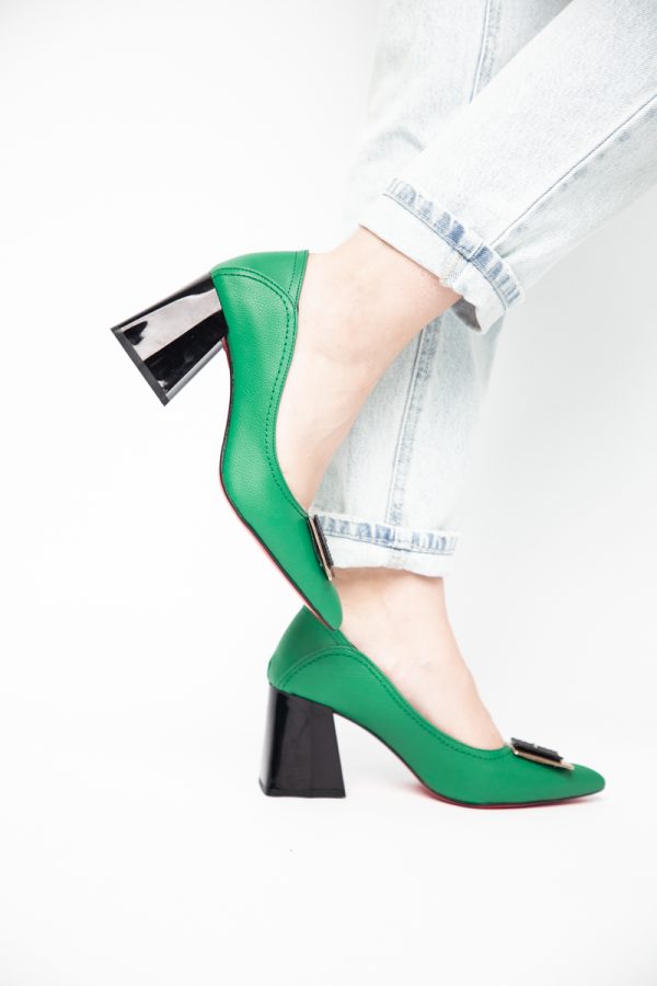 Pantofi Femei cu Toc Gros Piele Ecologică Varf Ascutit design cu pietricele Verde - BS2003D2405416 121