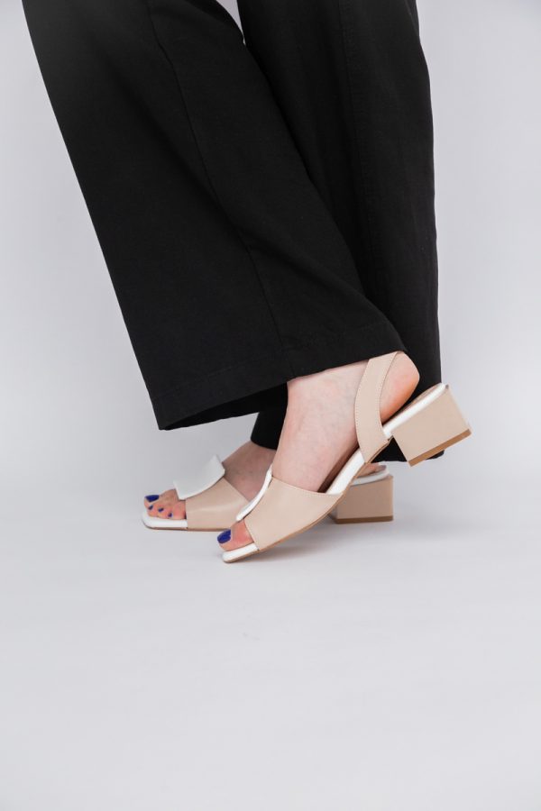 Sandale Dama cu Toc jos Piele Ecologica culoare Bej cu alb BS352SN2405498 119