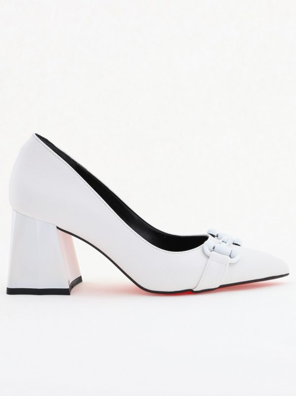Pantofi Albi cu Toc Gros Piele Ecologică Varf Ascutit - BS732NAY2404214 121