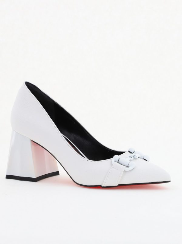 Incaltaminte Dama - Pantofi Albi cu Toc Gros Piele Ecologică Varf Ascutit - BS732NAY2404214