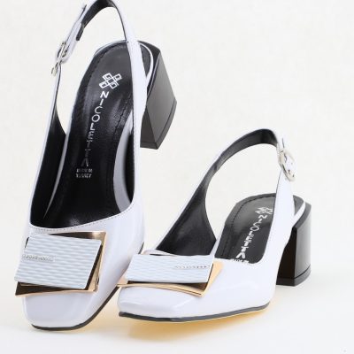 Pantofi cu Toc Eleganti Decupați cu Pietricele din Piele Ecologica culoare Alb Lucios - BS1311AY2405270