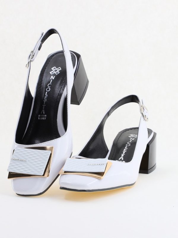 Pantofi cu Toc Eleganti Decupați cu Pietricele din Piele Ecologica culoare Alb Lucios - BS1311AY2405270 119