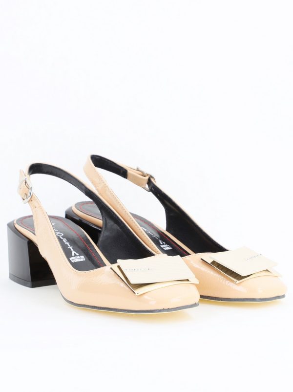 Pantofi cu Toc Eleganti Decupați cu Pietricele din Piele Ecologica culoare Bej Lucios - BS1311AY2405272 121