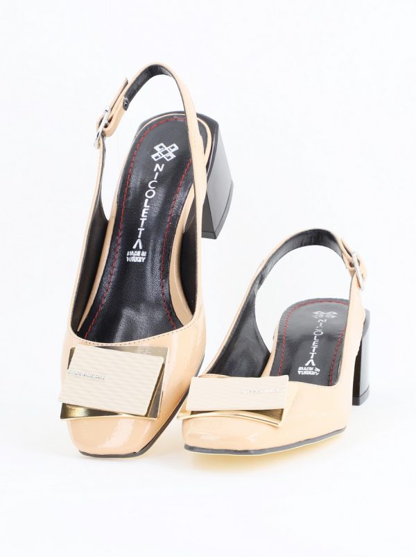 Pantofi cu Toc Eleganti Decupați cu Pietricele din Piele Ecologica culoare Bej Lucios - BS1311AY2405272 119