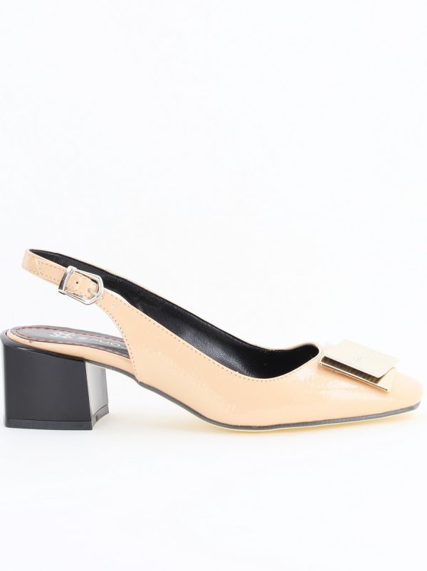 Pantofi cu Toc Eleganti Decupați cu Pietricele din Piele Ecologica culoare Bej Lucios - BS1311AY2405272 122