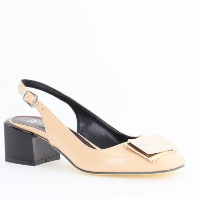 Pantofi cu Toc Eleganti Decupați cu Pietricele din Piele Ecologica culoare Bej Lucios - BS1311AY2405272