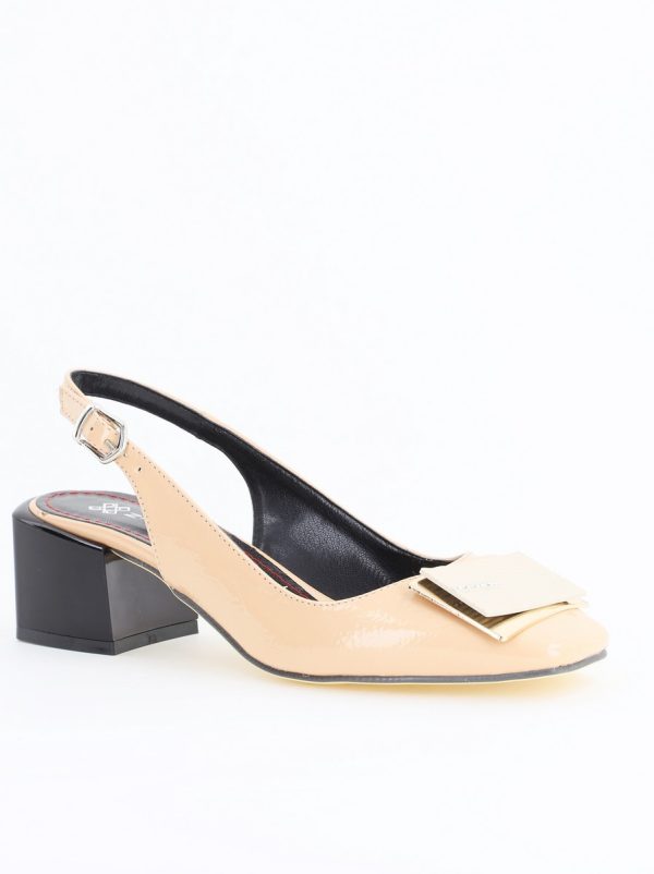 Incaltaminte Dama - Pantofi cu Toc Eleganti Decupați cu Pietricele din Piele Ecologica culoare Bej Lucios - BS1311AY2405272