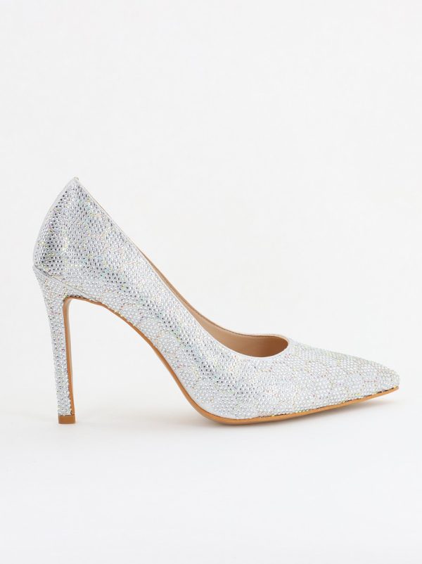 Pantofi cu toc stiletto pentru femei din piele ecologică încrustați cu pietre model fagure Argintiu (BS825AY2404225) 122