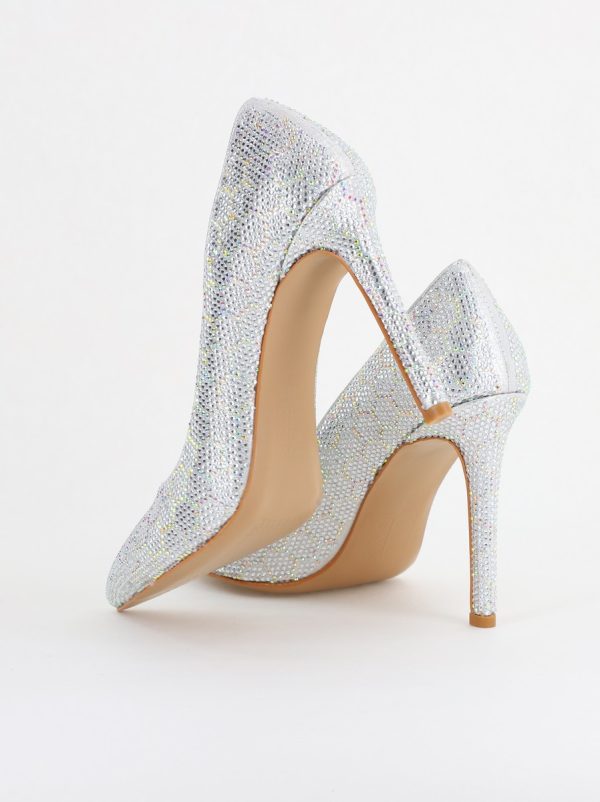 Pantofi cu toc stiletto pentru femei din piele ecologică încrustați cu pietre model fagure Argintiu (BS825AY2404225) 126