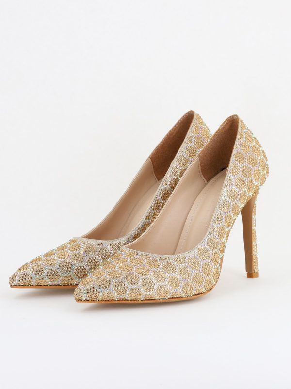 Pantofi cu toc stiletto pentru femei din piele ecologică încrustați cu pietre model fagure Auriu (BS825AY2404226) 120