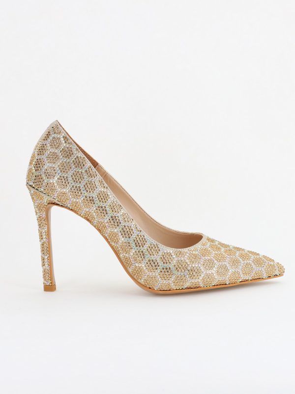 Pantofi cu toc stiletto pentru femei din piele ecologică încrustați cu pietre model fagure Auriu (BS825AY2404226) 122