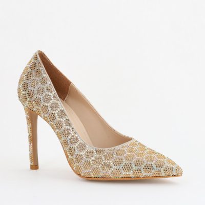 Pantofi cu toc stiletto pentru femei din piele ecologică încrustați cu pietre model fagure Auriu (BS825AY2404226)