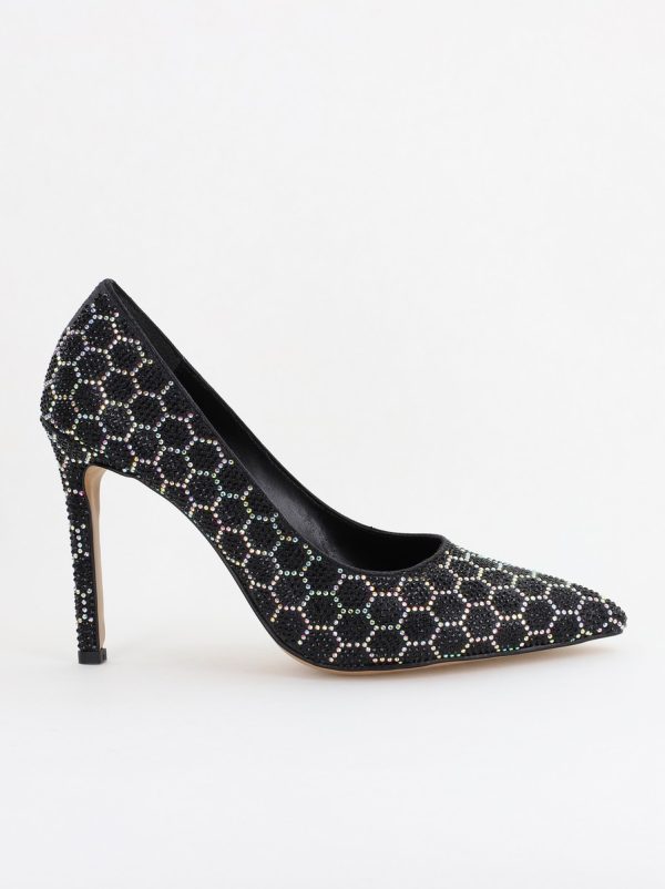 Pantofi cu toc stiletto pentru femei din piele ecologică încrustați cu pietre model fagure Negru (BS825AY2404224) 124
