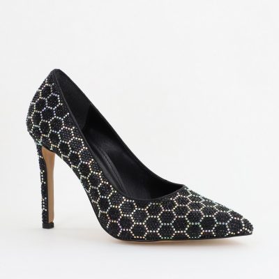 Pantofi cu toc stiletto pentru femei din piele ecologică încrustați cu pietre model fagure Negru (BS825AY2404224)