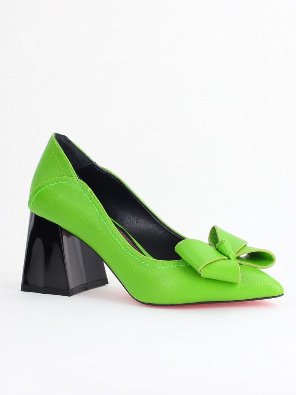 Incaltaminte Dama - Pantofi Damă cu Toc din Piele Ecologică cu fundiță verde lemon (BS2000D2405360)