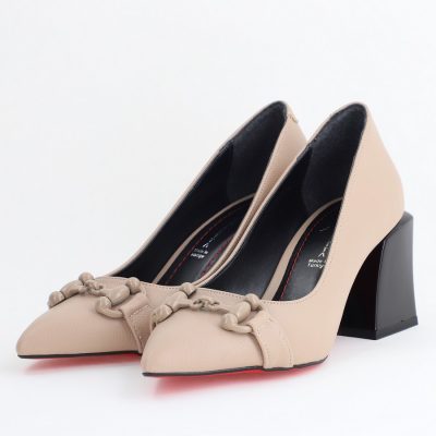 Pantofi damă cu Toc Gros Piele Ecologică Varf Ascutit Bej- BS732TAY2405316