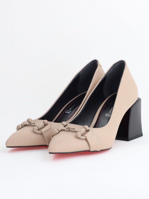 Pantofi damă cu Toc Gros Piele Ecologică Varf Ascutit Bej- BS732TAY2405316 119