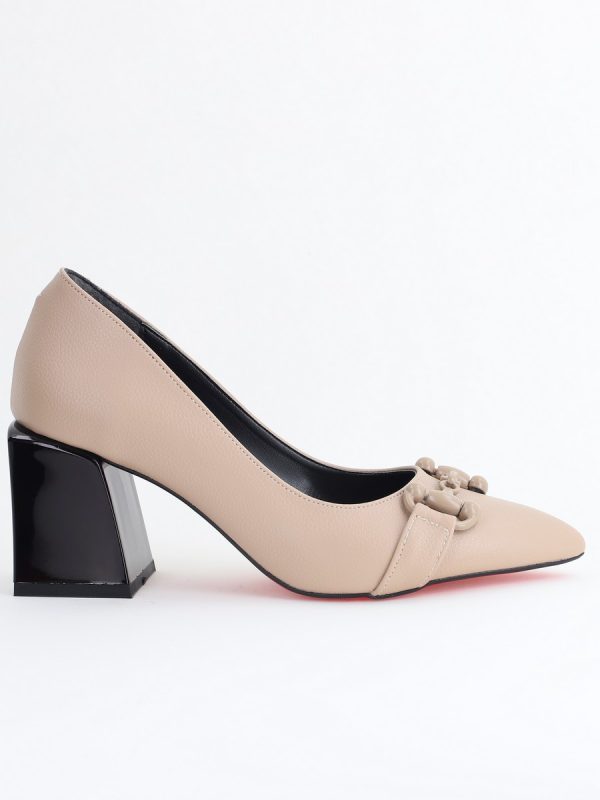 Pantofi damă cu Toc Gros Piele Ecologică Varf Ascutit Bej- BS732TAY2405316 121