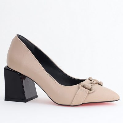 Pantofi damă cu Toc Gros Piele Ecologică Varf Ascutit Bej- BS732TAY2405316