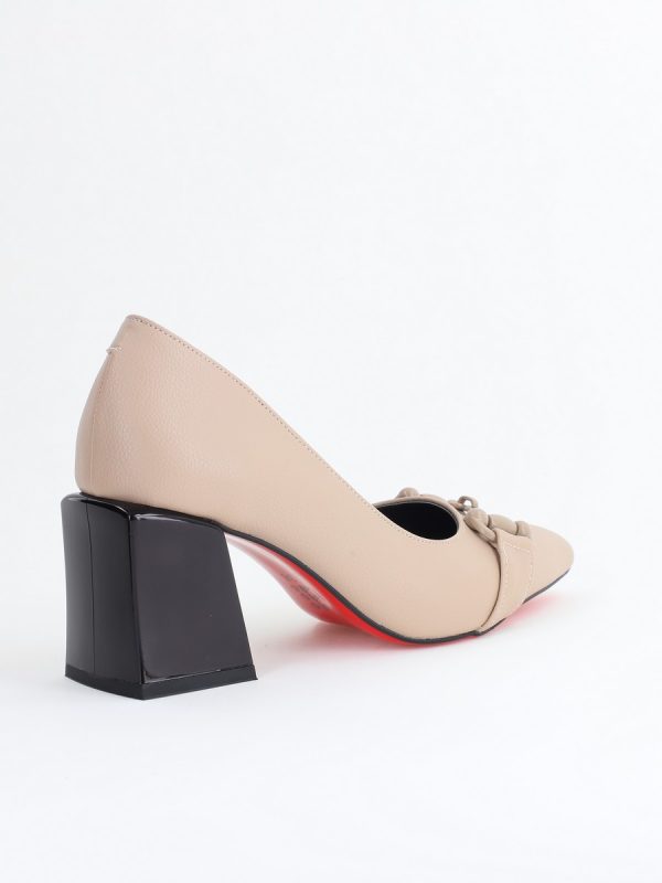 Pantofi damă cu Toc Gros Piele Ecologică Varf Ascutit Bej- BS732TAY2405316 123