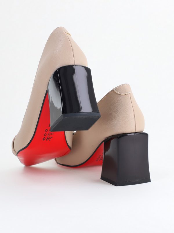 Pantofi damă cu Toc Gros Piele Ecologică Varf Ascutit Bej- BS732TAY2405316 120