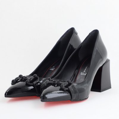 Pantofi damă cu Toc Gros Piele Ecologică Varf Ascutit Negru Lucios - BS732TAY2405363