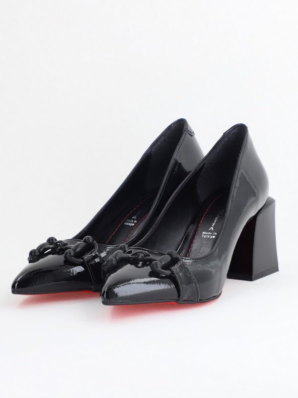 Pantofi damă cu Toc Gros Piele Ecologică Varf Ascutit Negru Lucios - BS732TAY2405363 119
