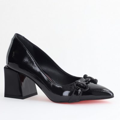 Pantofi damă cu Toc Gros Piele Ecologică Varf Ascutit Negru Lucios - BS732TAY2405363