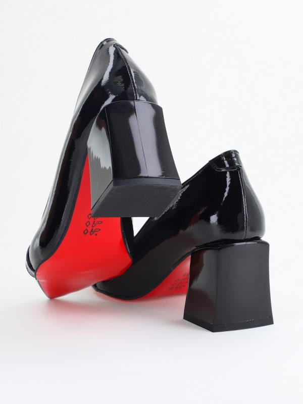 Pantofi damă cu Toc Gros Piele Ecologică Varf Ascutit Negru Lucios - BS732TAY2405363 120