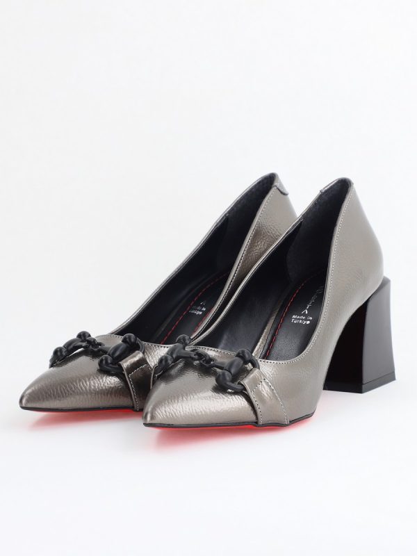 Pantofi damă cu Toc Gros Piele Ecologică Varf Ascutit Platină- BS732TAY2405362 119