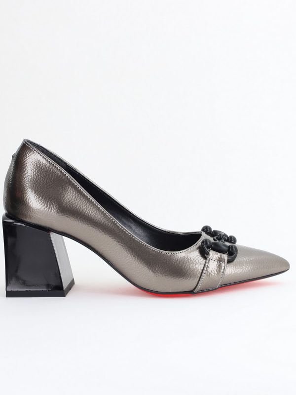 Pantofi damă cu Toc Gros Piele Ecologică Varf Ascutit Platină- BS732TAY2405362 121