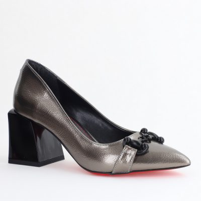 Pantofi damă cu Toc Gros Piele Ecologică Varf Ascutit Platină- BS732TAY2405362