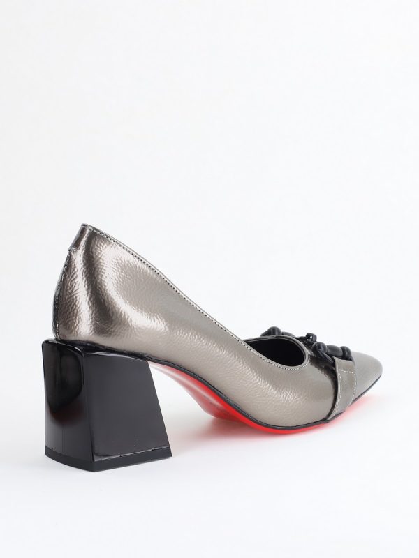 Pantofi damă cu Toc Gros Piele Ecologică Varf Ascutit Platină- BS732TAY2405362 123