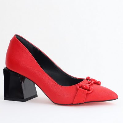Pantofi damă cu Toc Gros Piele Ecologică Vârf Ascutit Roșu - BS732TAY2405364
