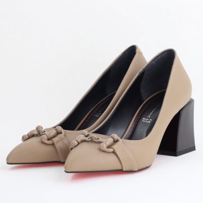 Pantofi damă cu Toc Gros Piele Ecologică Varf Ascutit Taupe- BS732TAY2405317