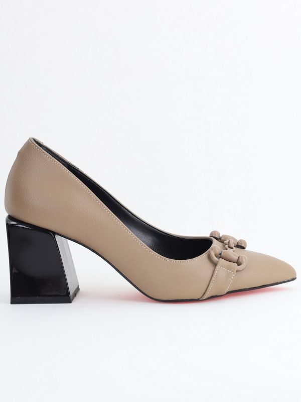 Pantofi damă cu Toc Gros Piele Ecologică Varf Ascutit Taupe- BS732TAY2405317 121