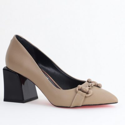 Pantofi damă cu Toc Gros Piele Ecologică Varf Ascutit Taupe- BS732TAY2405317