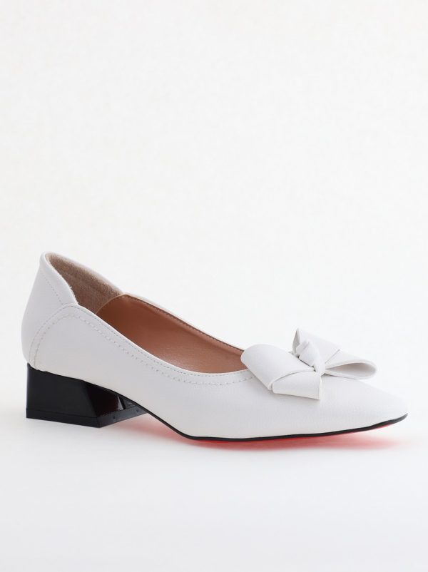 Incaltaminte Dama - Pantofi Damă cu Toc Jos din Piele Ecologică cu fundiță Alb (BS502D2405403)