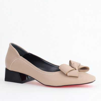 Pantofi Damă cu Toc Jos din Piele Ecologică cu fundiță Bej (BS502D2405404)