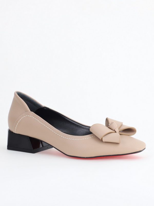 Incaltaminte Dama - Pantofi Damă cu Toc Jos din Piele Ecologică cu fundiță Bej (BS502D2405404)