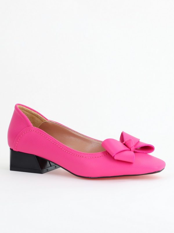 Incaltaminte Dama - Pantofi Damă cu Toc Jos din Piele Ecologică cu fundiță Fuchsia (BS502D2405407)