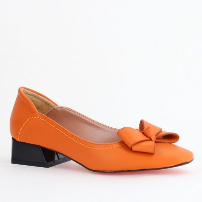 Pantofi Damă cu Toc Jos din Piele Ecologică cu fundiță Portocaliu (BS502D2405405)