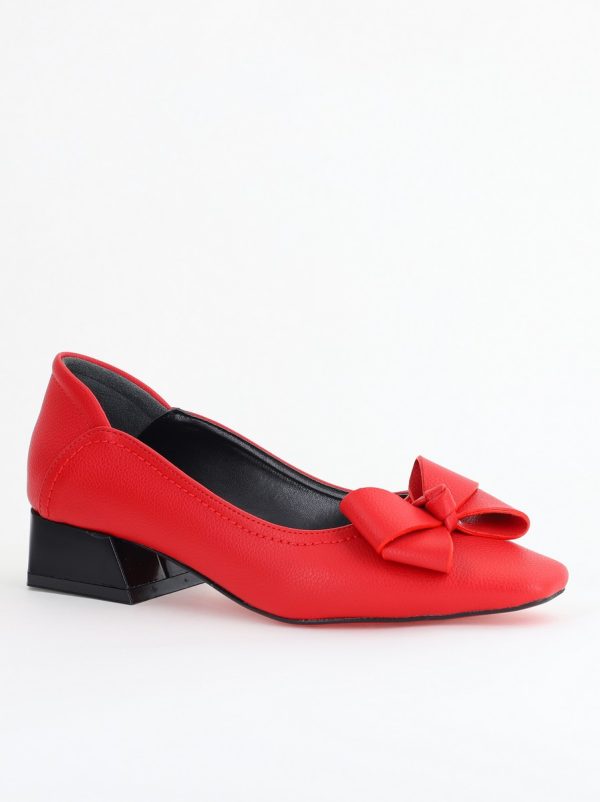 Incaltaminte Dama - Pantofi Damă cu Toc Jos din Piele Ecologică cu fundiță Roșu (BS502D2405406)