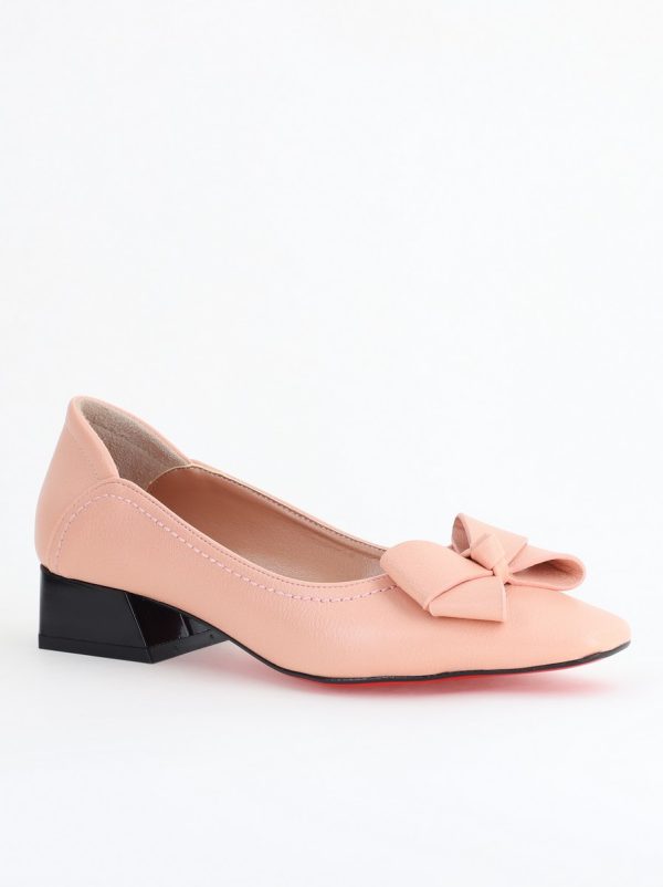 Incaltaminte Dama - Pantofi Damă cu Toc Jos din Piele Ecologică cu fundiță Roz (BS502D2405296)