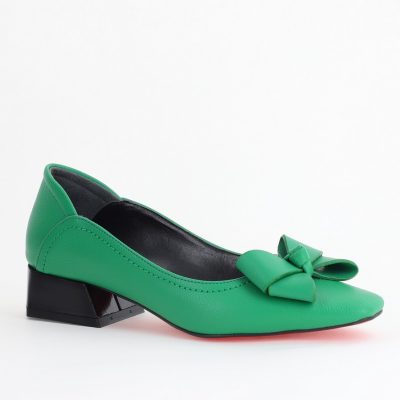 Pantofi Damă cu Toc Jos din Piele Ecologică cu fundiță Verde (BS502D2405408)