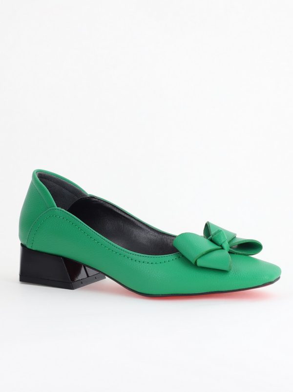 Incaltaminte Dama - Pantofi Damă cu Toc Jos din Piele Ecologică cu fundiță Verde (BS502D2405408)