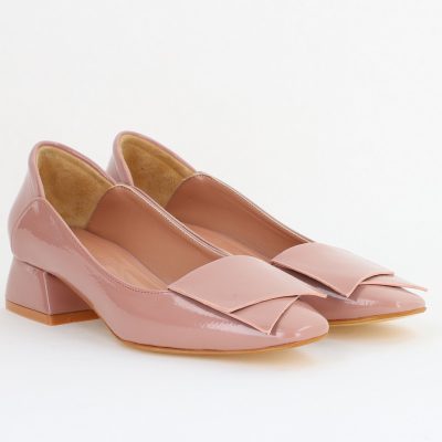 Pantofi Damă cu Toc Jos din Piele Ecologică Roz somon Lac (BS500D2405476)